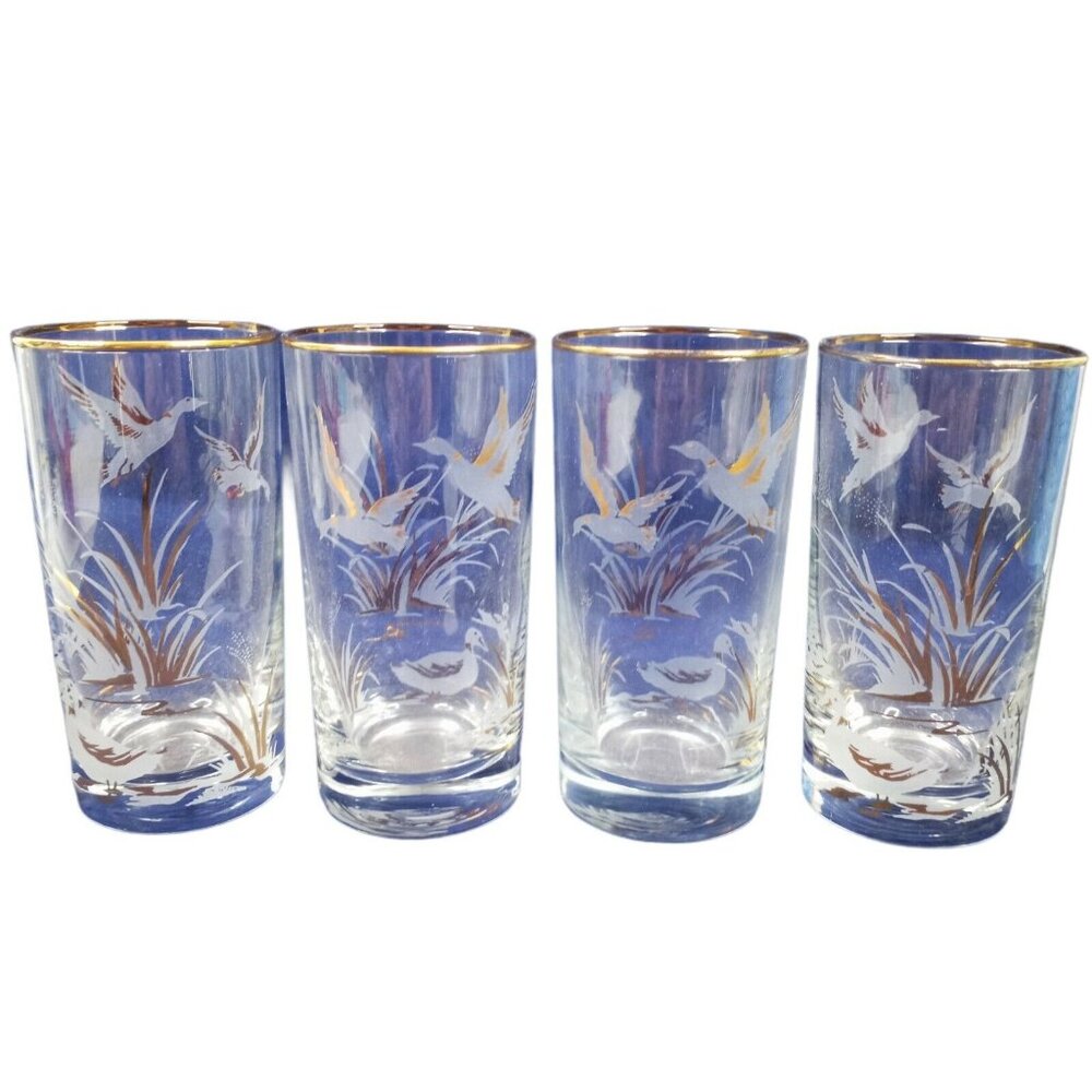 Vintage Set Of 4 Etched Tumblers Gold Trim Nature Ducks Engraved Clear  Glass